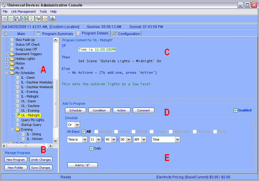 ISY 26 Program Details screen showing a simple on/off schedule