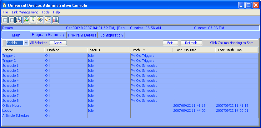 ISY 26 Program Summary screen
